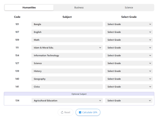 SSC GPA Calculator interface
